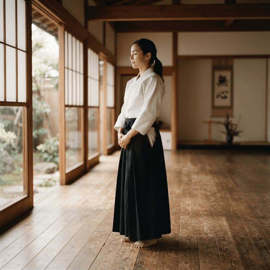Pratiquant d'aïkido dans un dojo