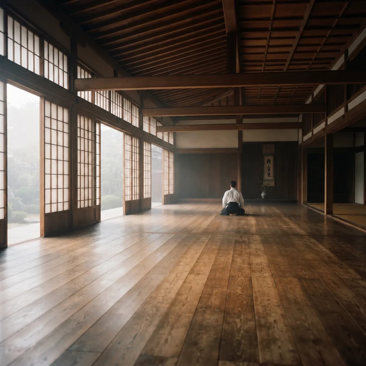 Pratiquant d’aïkido assis dans un dojo japonais traditionnel