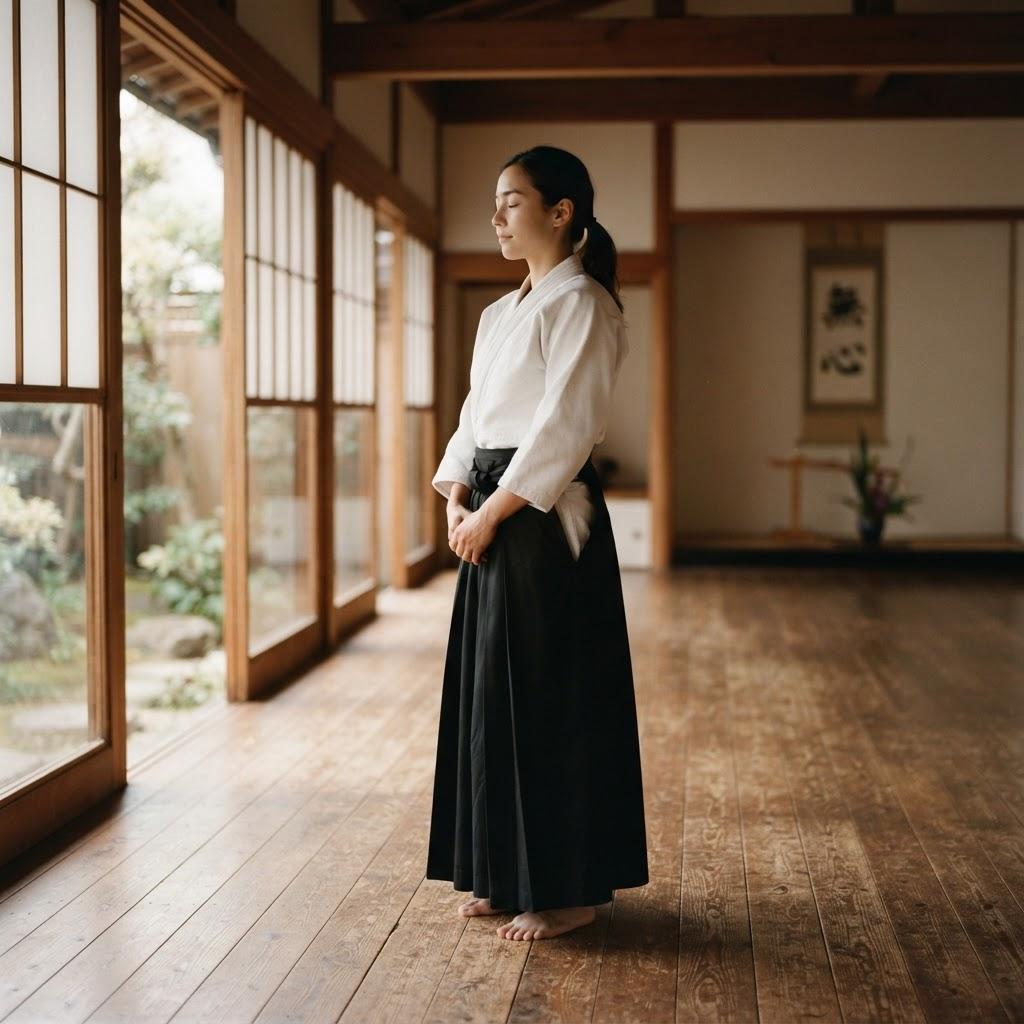 Pratiquant d'aïkido dans un dojo