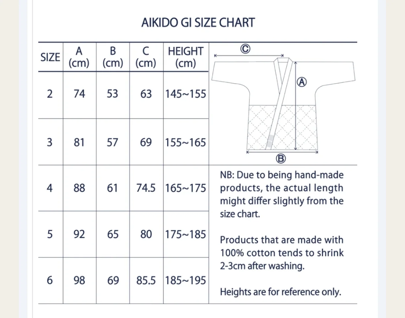 Tableau de tailles du keikogi Tozando AG300