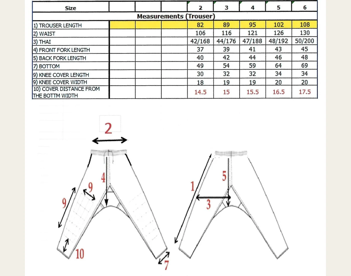 Tableau des dimensions du pantalon à ceinture élastique